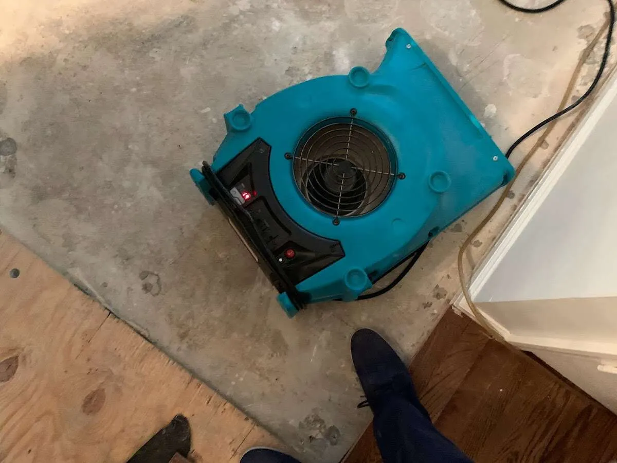 Air mover drying subfloor during Commercial Water Damage Restoration in Torrington